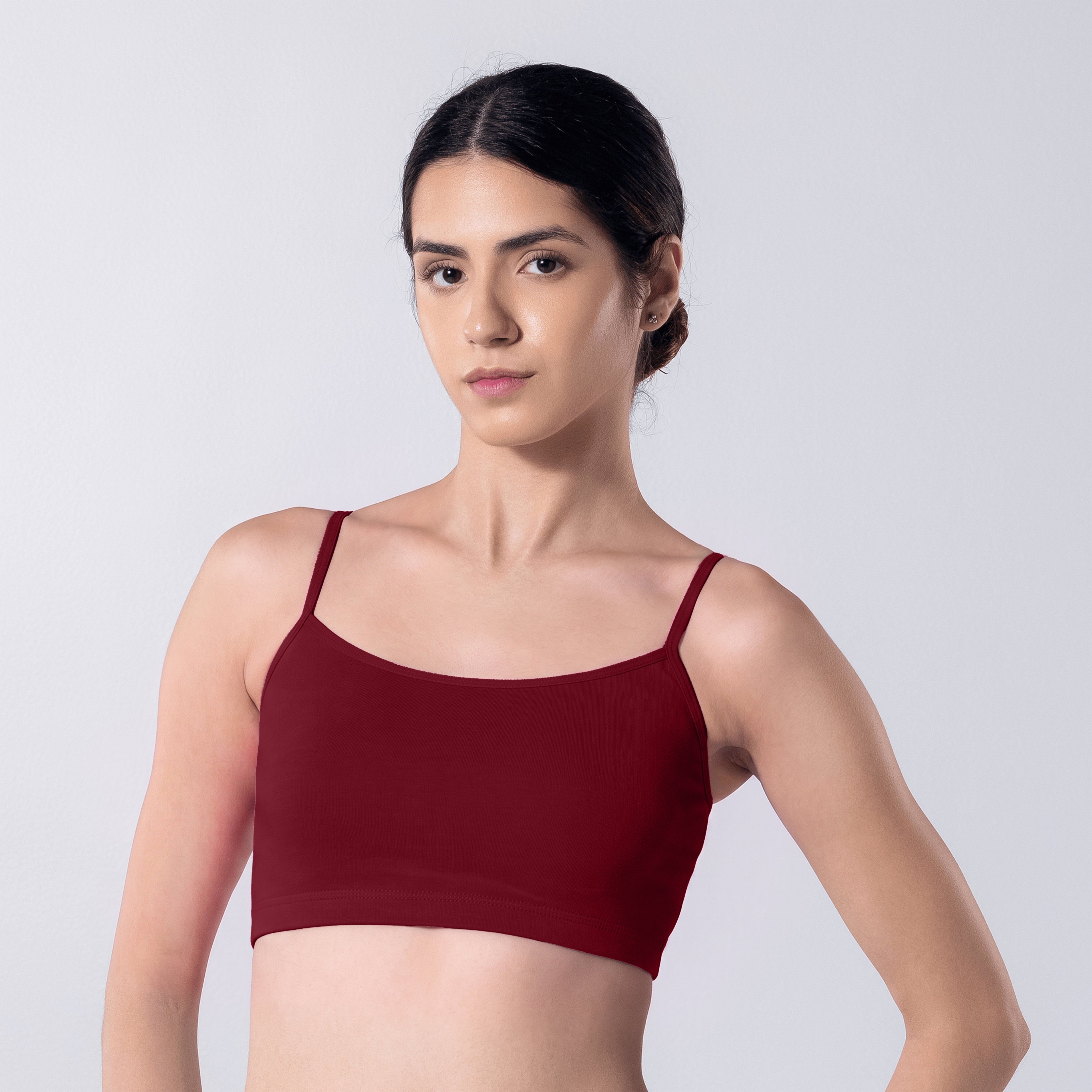 Blush Trendy Top Bra in Maroon, front view worn by model.