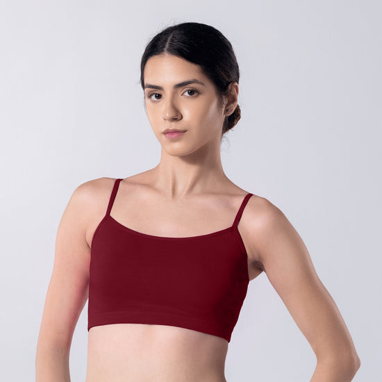 Blush Trendy Top Bra in Maroon, front view worn by model.
