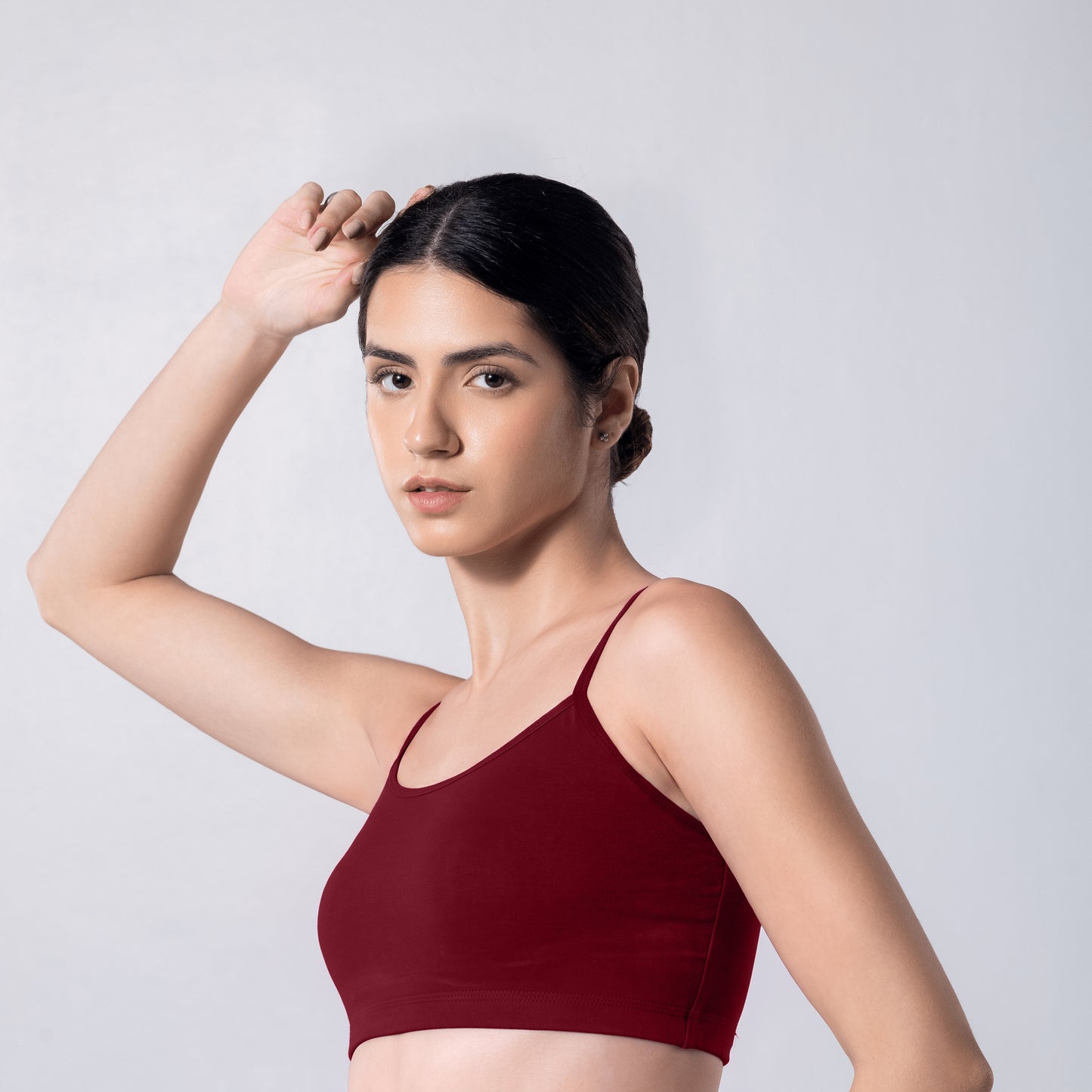 Blush Trendy Top Bra in Maroon, side view worn by model.