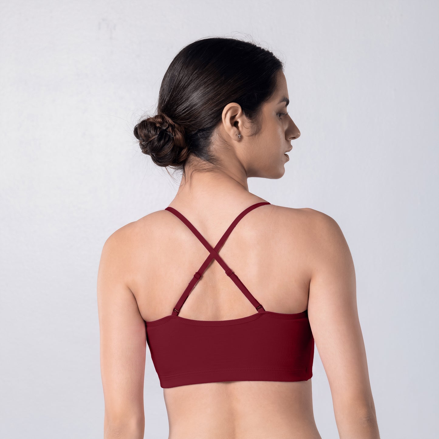 Blush Trendy Top Bra in Maroon, X-back view worn by model.