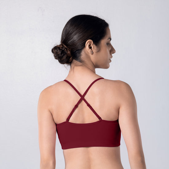 Blush Trendy Top Bra in Maroon, X-back view worn by model.