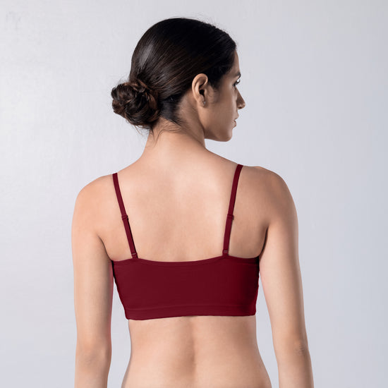 Blush Trendy Top Bra in Maroon, U-back view worn by model.