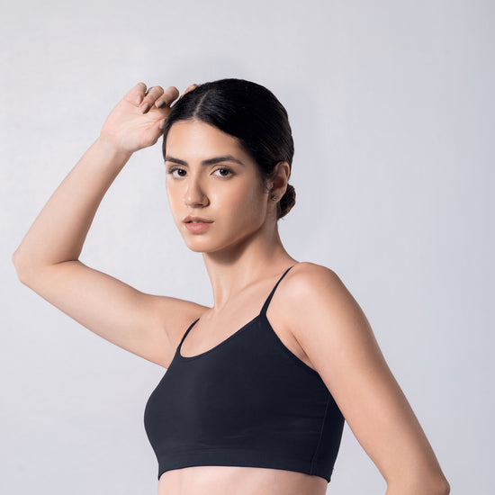 Blush Trendy Top Bra in Navy, side view worn by model.