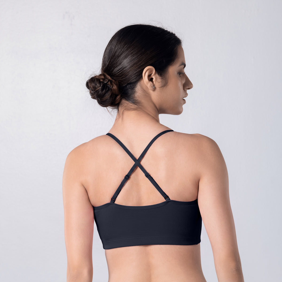 Blush Trendy Top Bra in Navy, X-back view worn by model.