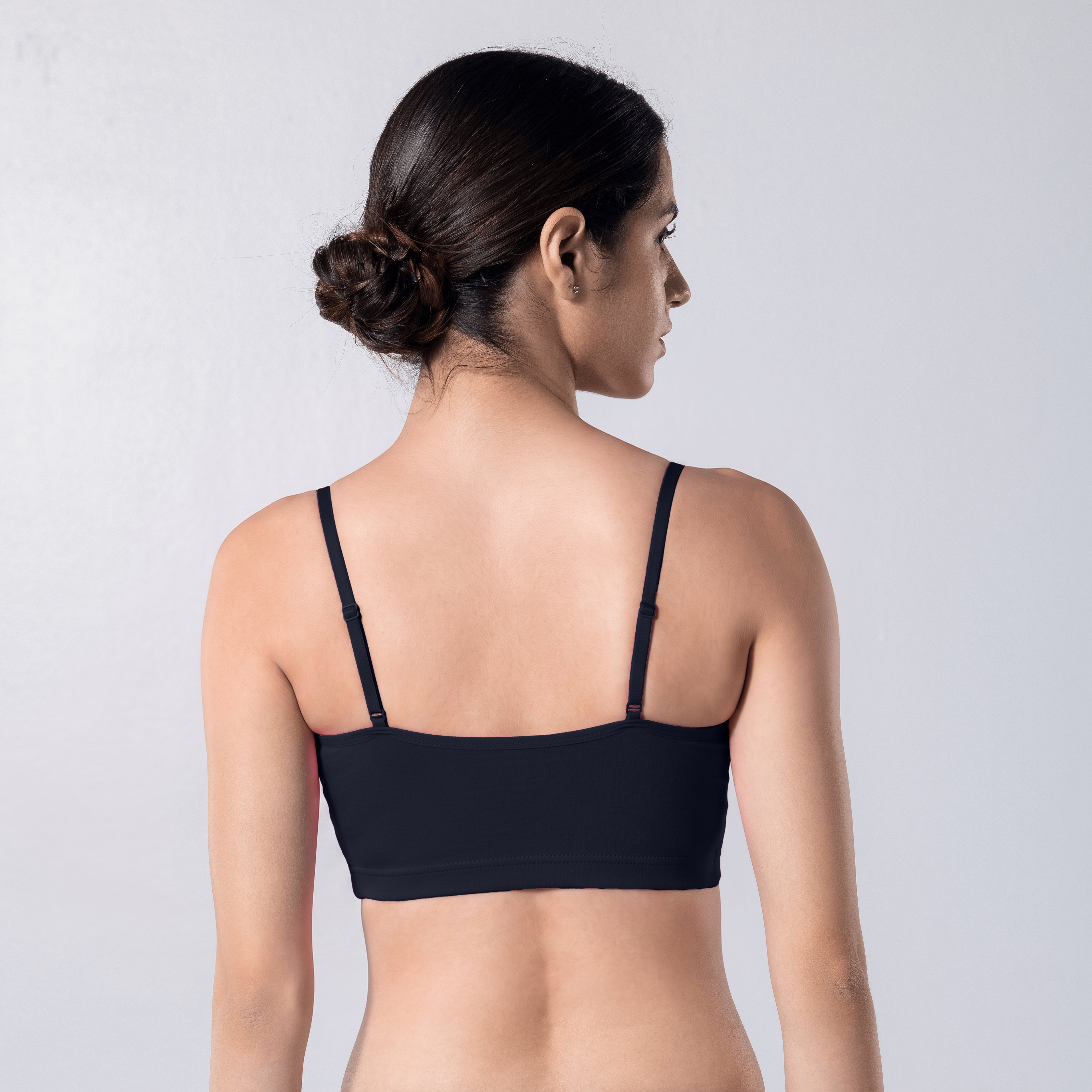 Blush Trendy Top Bra in Navy, U-back view worn by model.