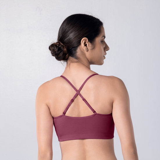 Blush Trendy Top Bra in Onion, X-back view worn by model.