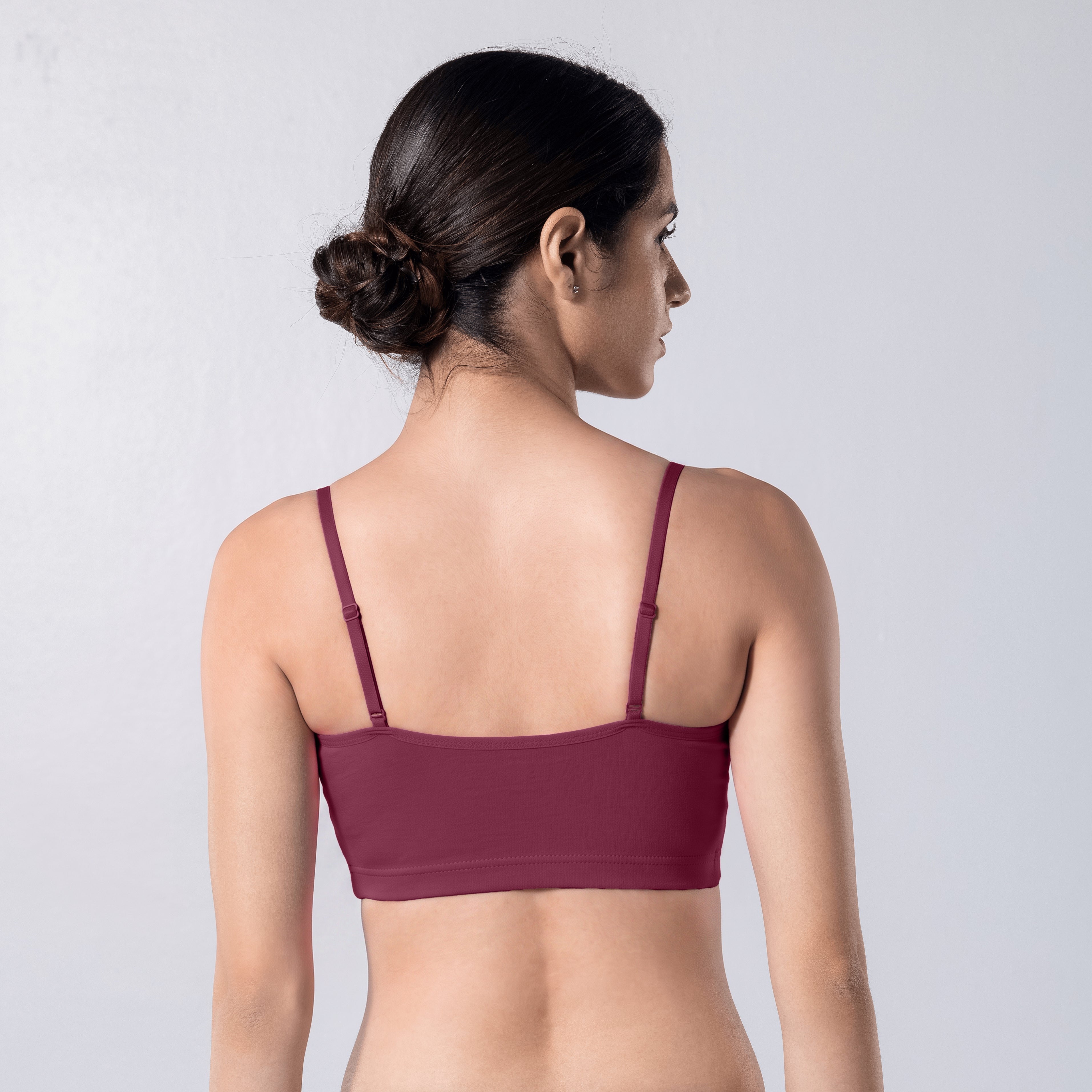 Blush Trendy Top Bra in Onion, U-back view worn by model.
