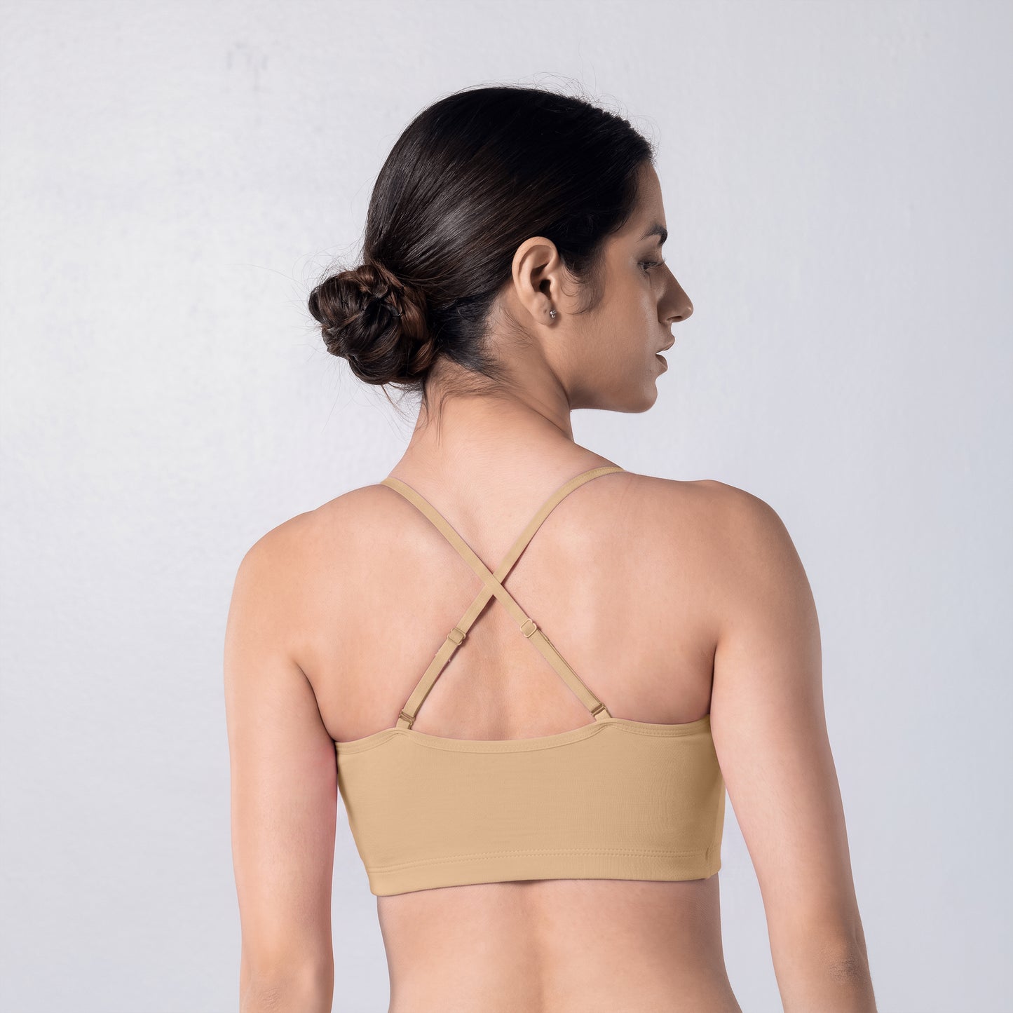 Blush Trendy Top Bra in Skin, X-back view worn by model.