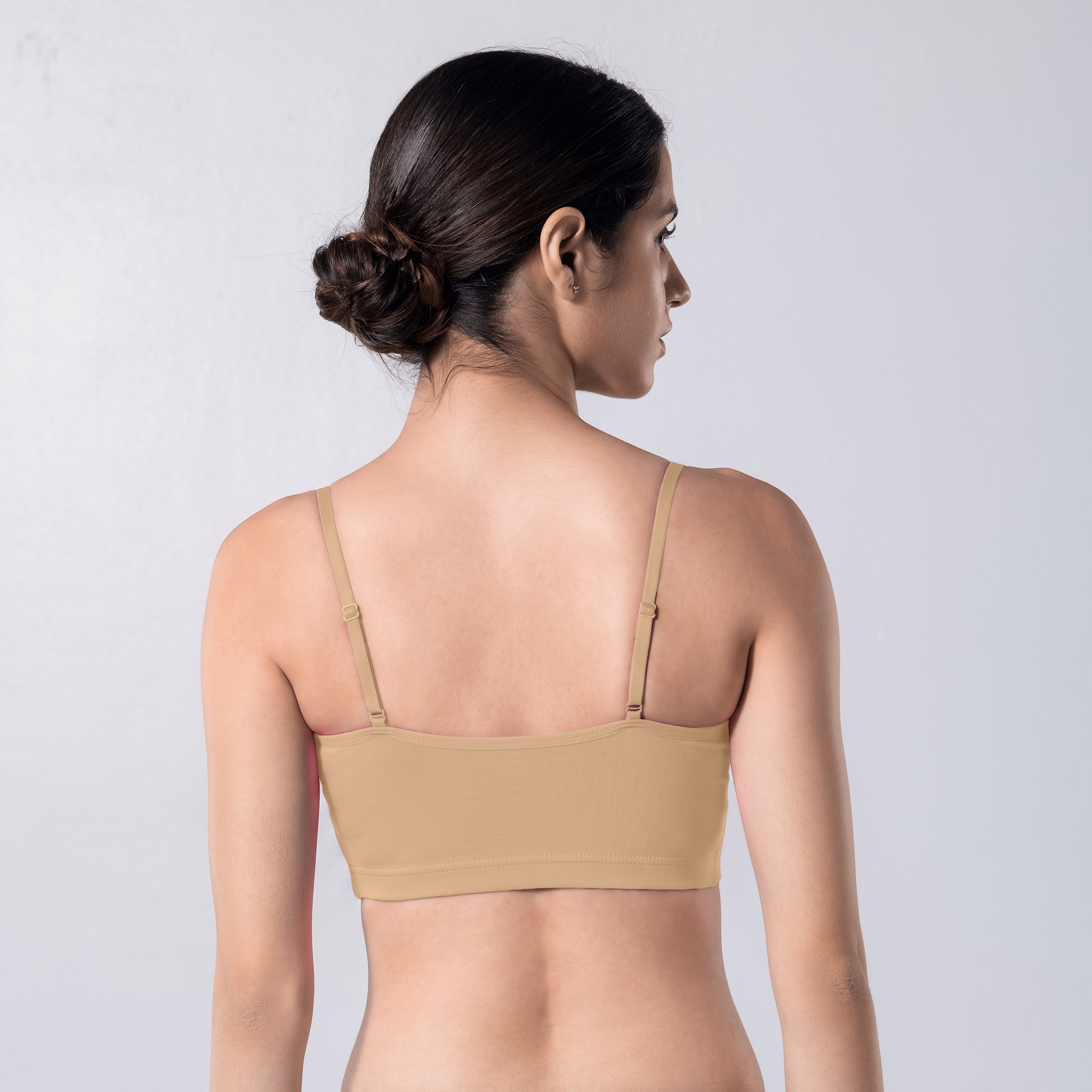 Blush Trendy Top Bra in Skin, U-back view worn by model.