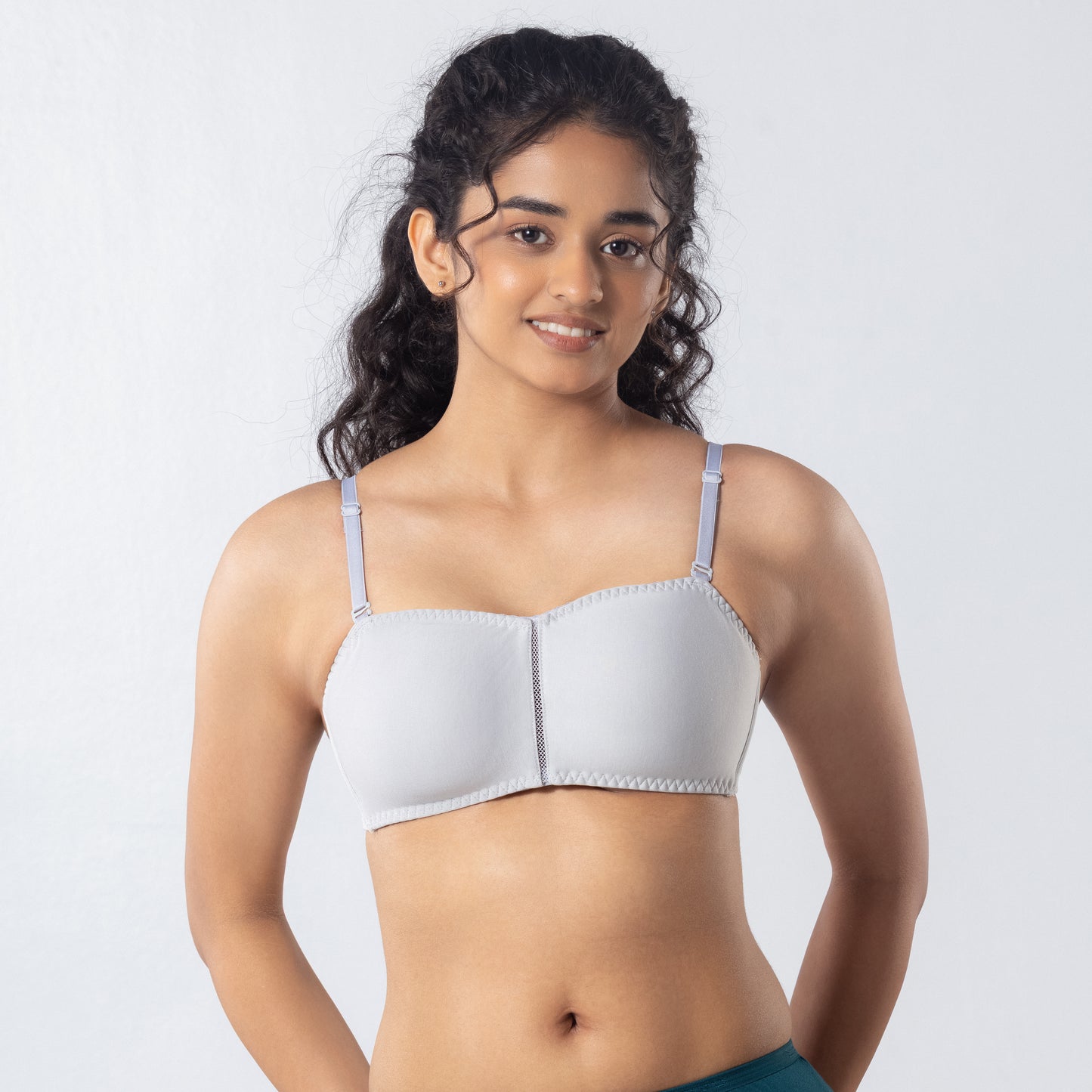 LadyO Jaz Trendy Top Bra in Grey with solid straps, front view worn by model.