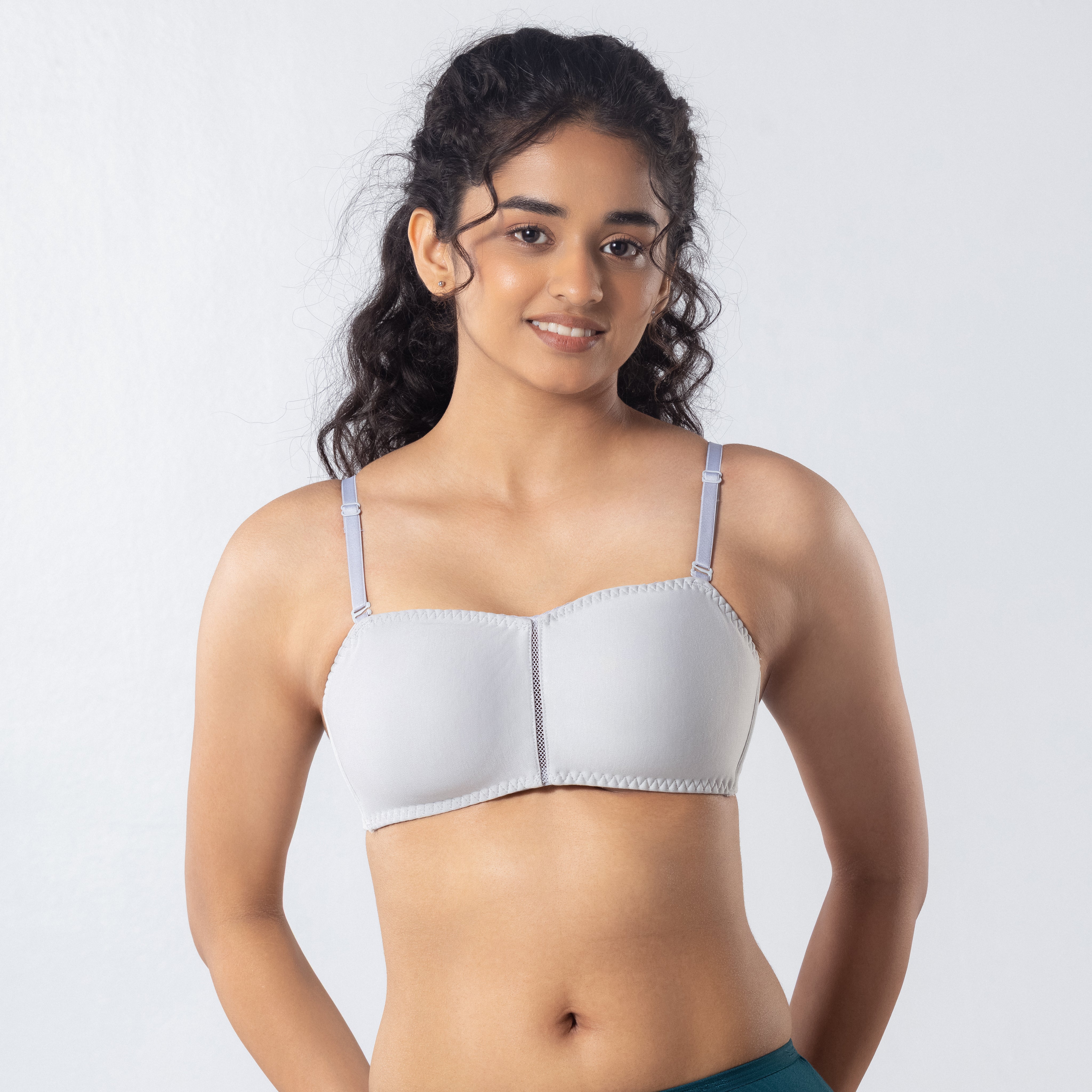 LadyO Jaz Trendy Top Bra in Grey with solid straps, front view worn by model.