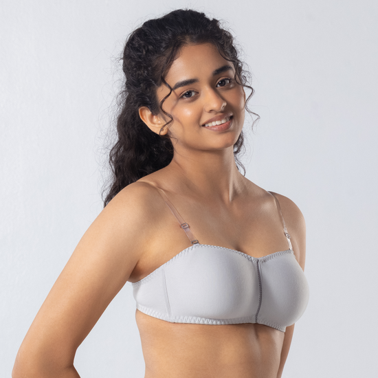 LadyO Jaz Trendy Top Bra in Grey with transparent straps, side view.