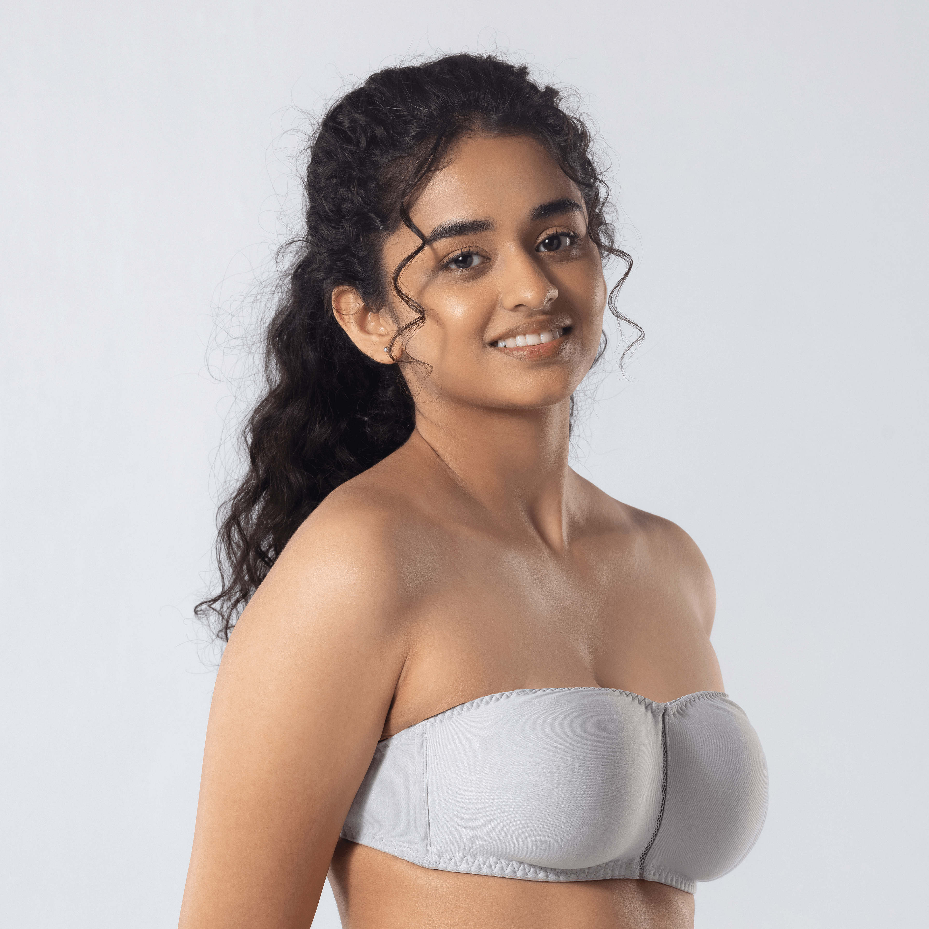 LadyO Jaz Trendy Top Bra in Grey without straps, side view.