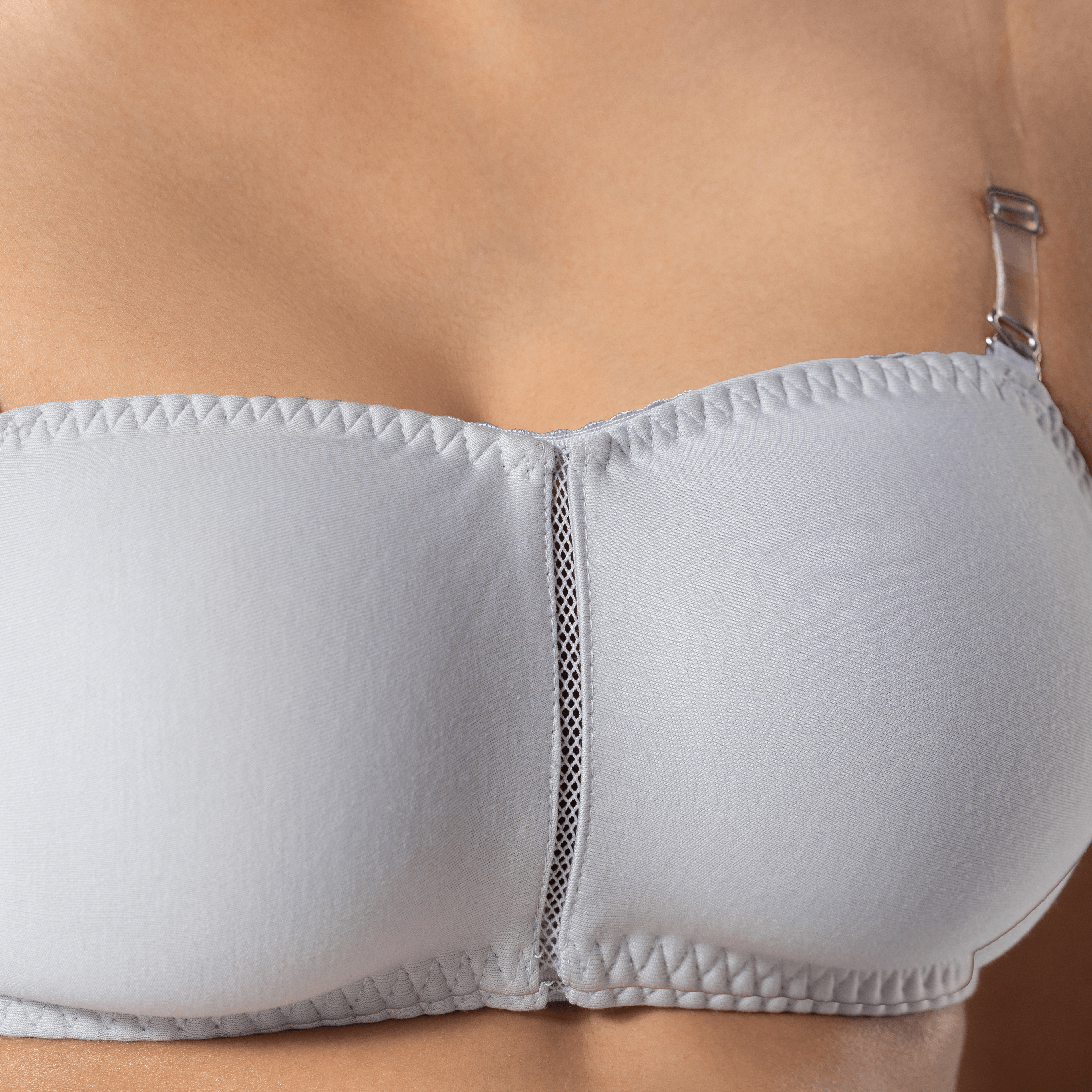 LadyO Jaz Trendy Top Bra in Grey with transparent strap, detailed shot.