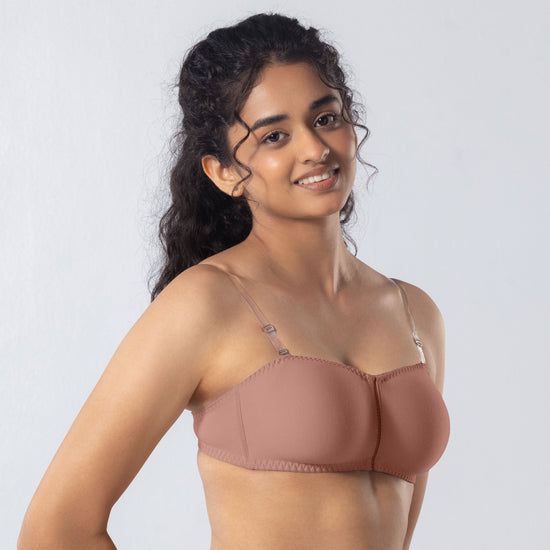 LadyO Jaz Trendy Top Bra in Misty Rose with transparent straps, side view.