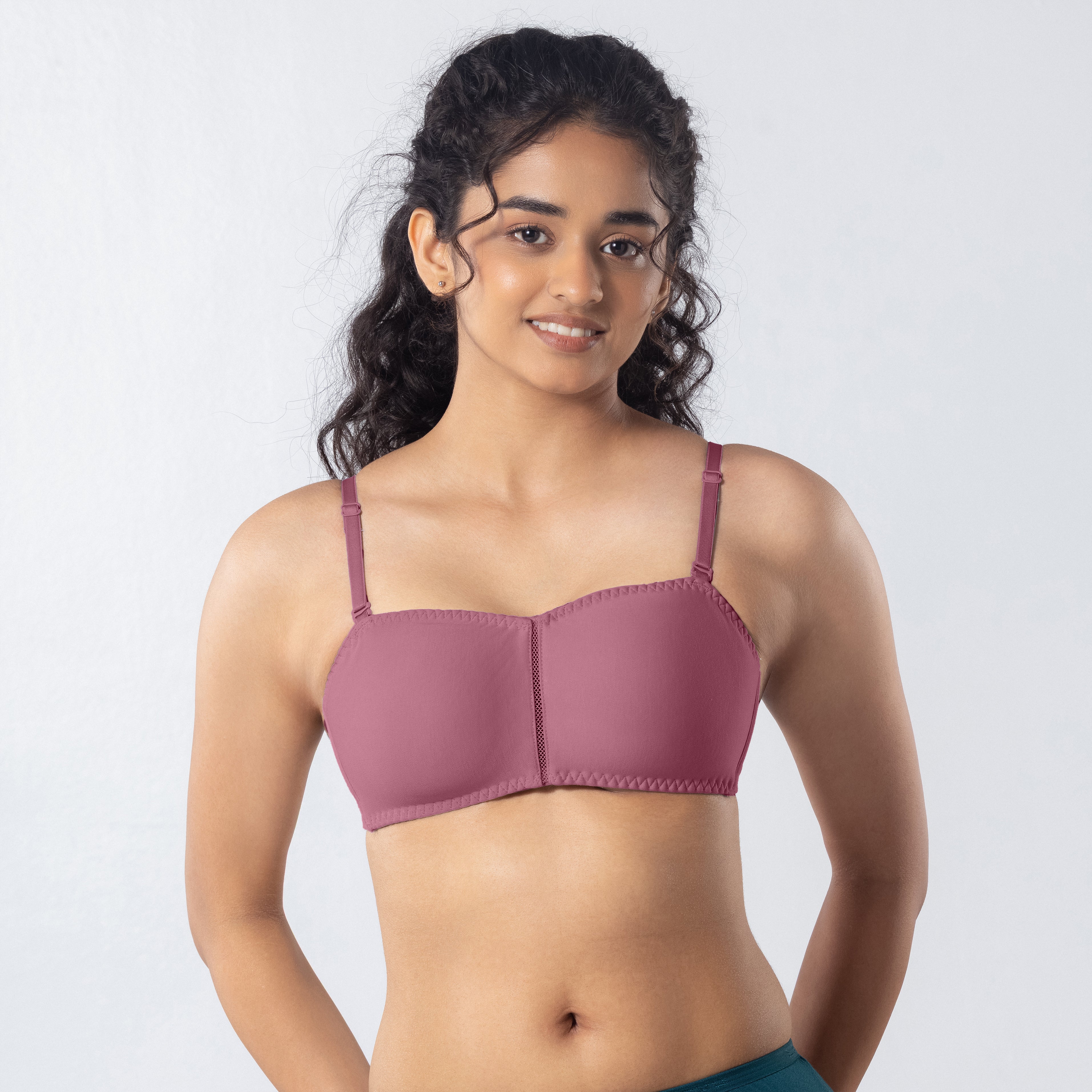 LadyO Jaz Trendy Top Bra in Onion with solid straps, front view worn by model.