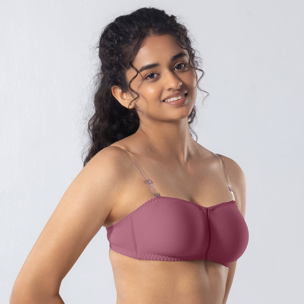 LadyO Jaz Trendy Top Bra in Onion with transparent straps, side view.