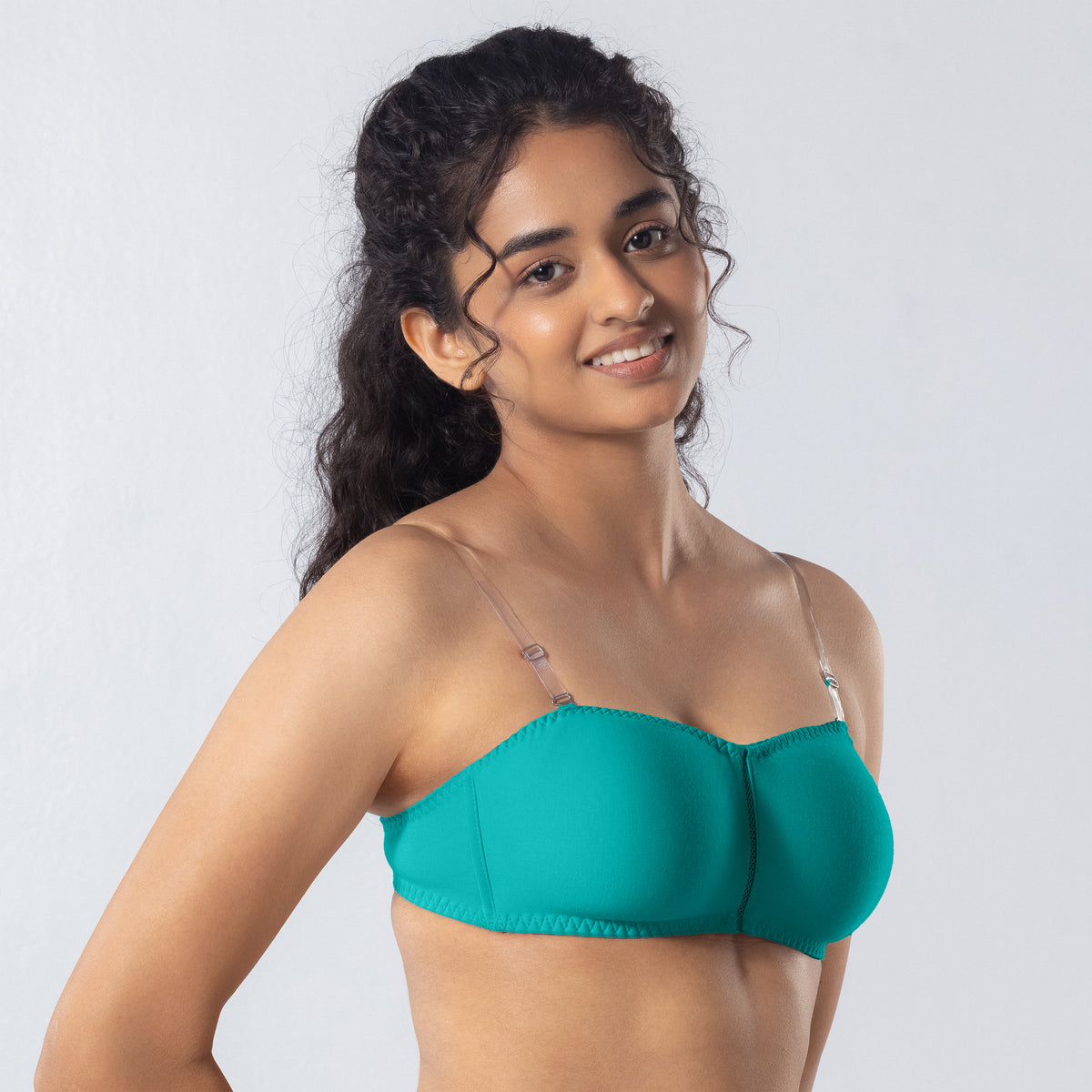 LadyO Jaz Trendy Top Bra in Pastel Green with transparent straps, side view.