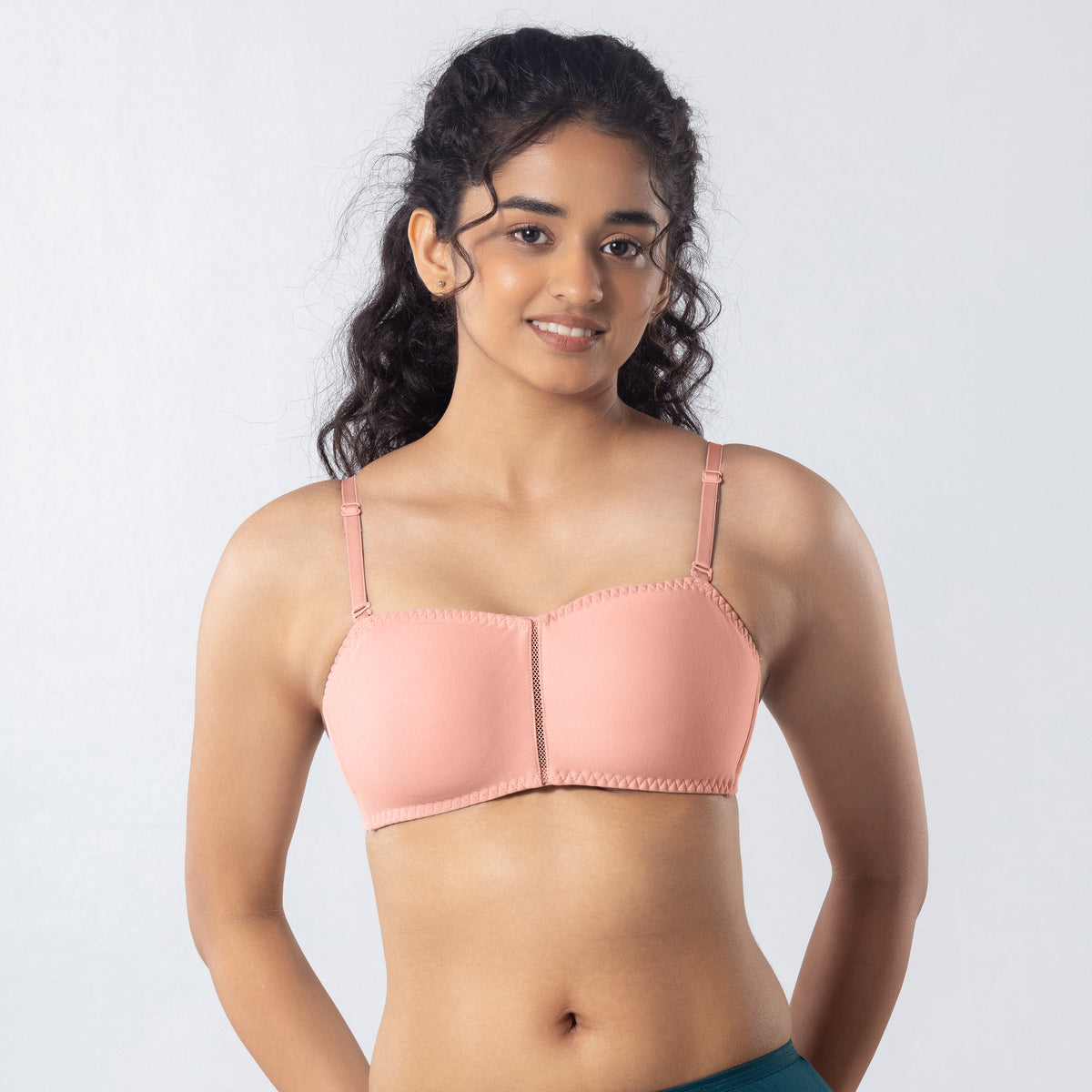 LadyO Jaz Trendy Top Bra in Peach with solid straps, front view.