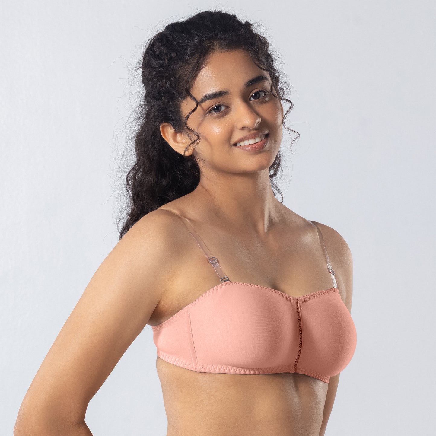 LadyO Jaz Trendy Top Bra in Peach with transparent straps, side view.
