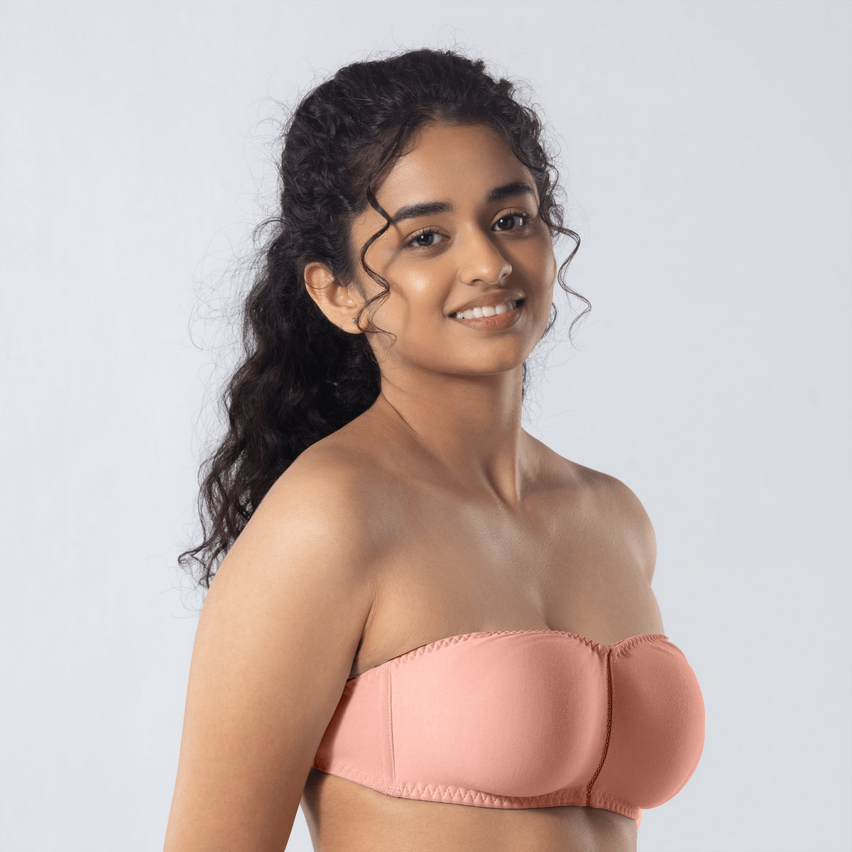 LadyO Jaz Trendy Top Bra in Peach without straps, side view.