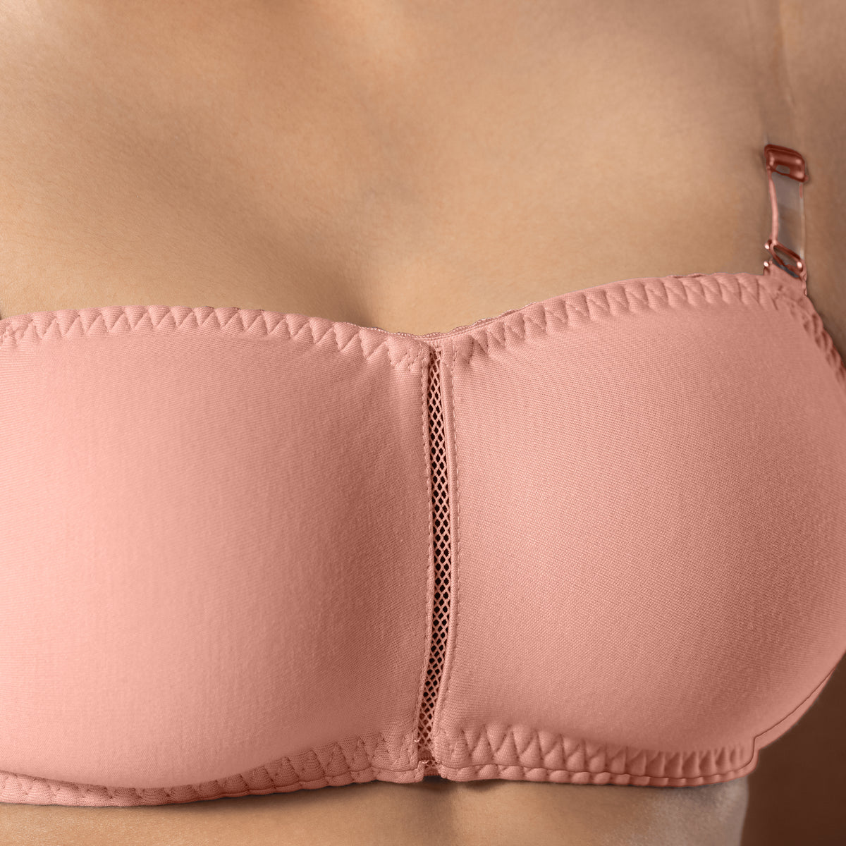 LadyO Jaz Trendy Top Bra in Peach with transparent strap, detailed shot.