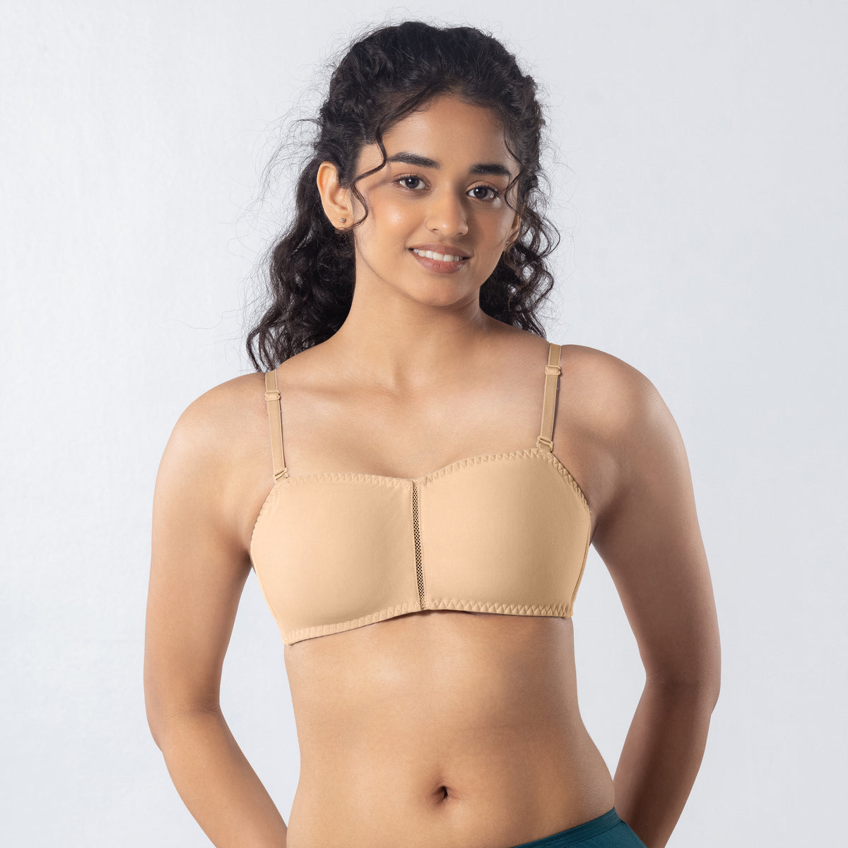 LadyO Jaz Trendy Top Bra in Skin with solid strap, front view worn by model.