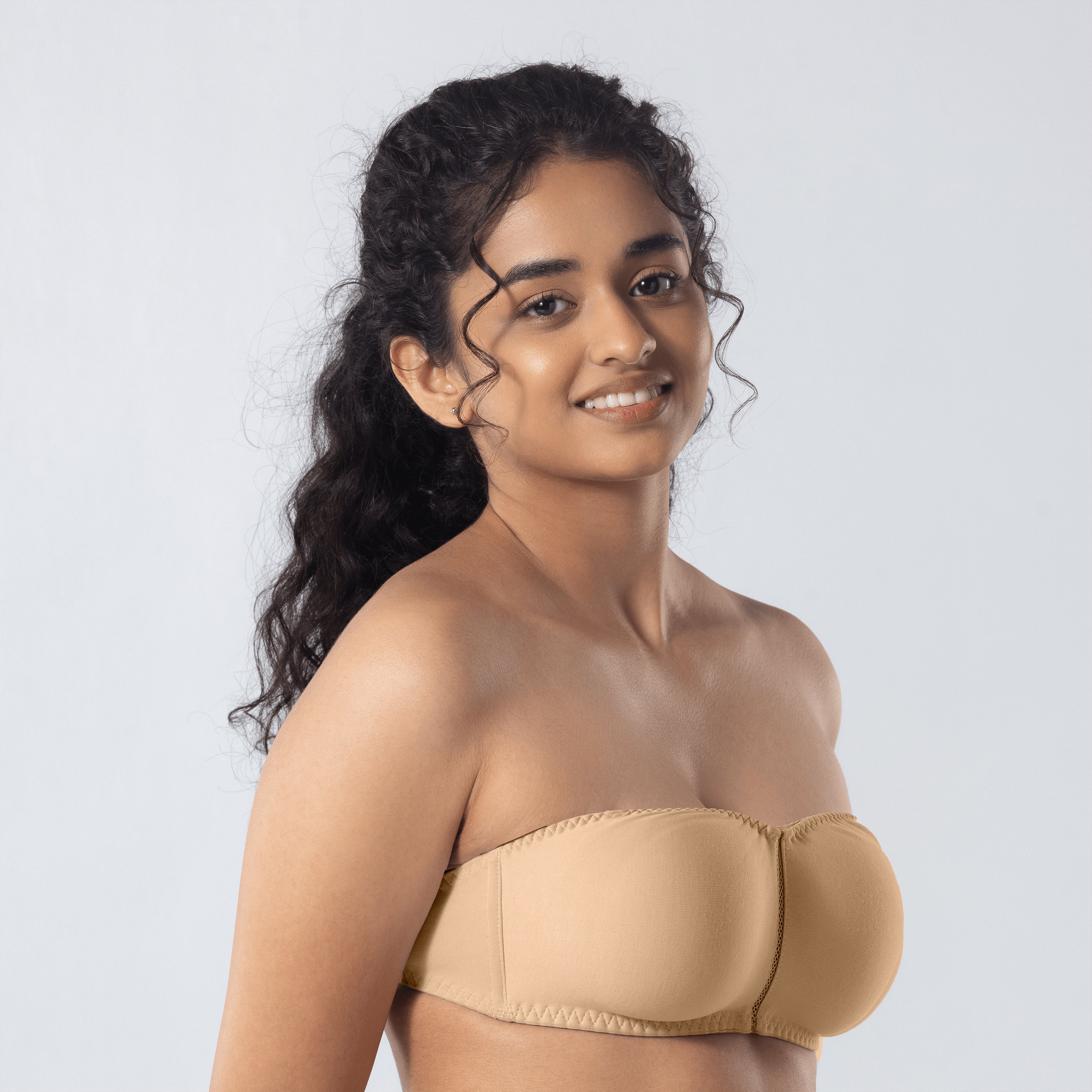 LadyO Jaz Trendy Top Bra in Skin without strap, side view.