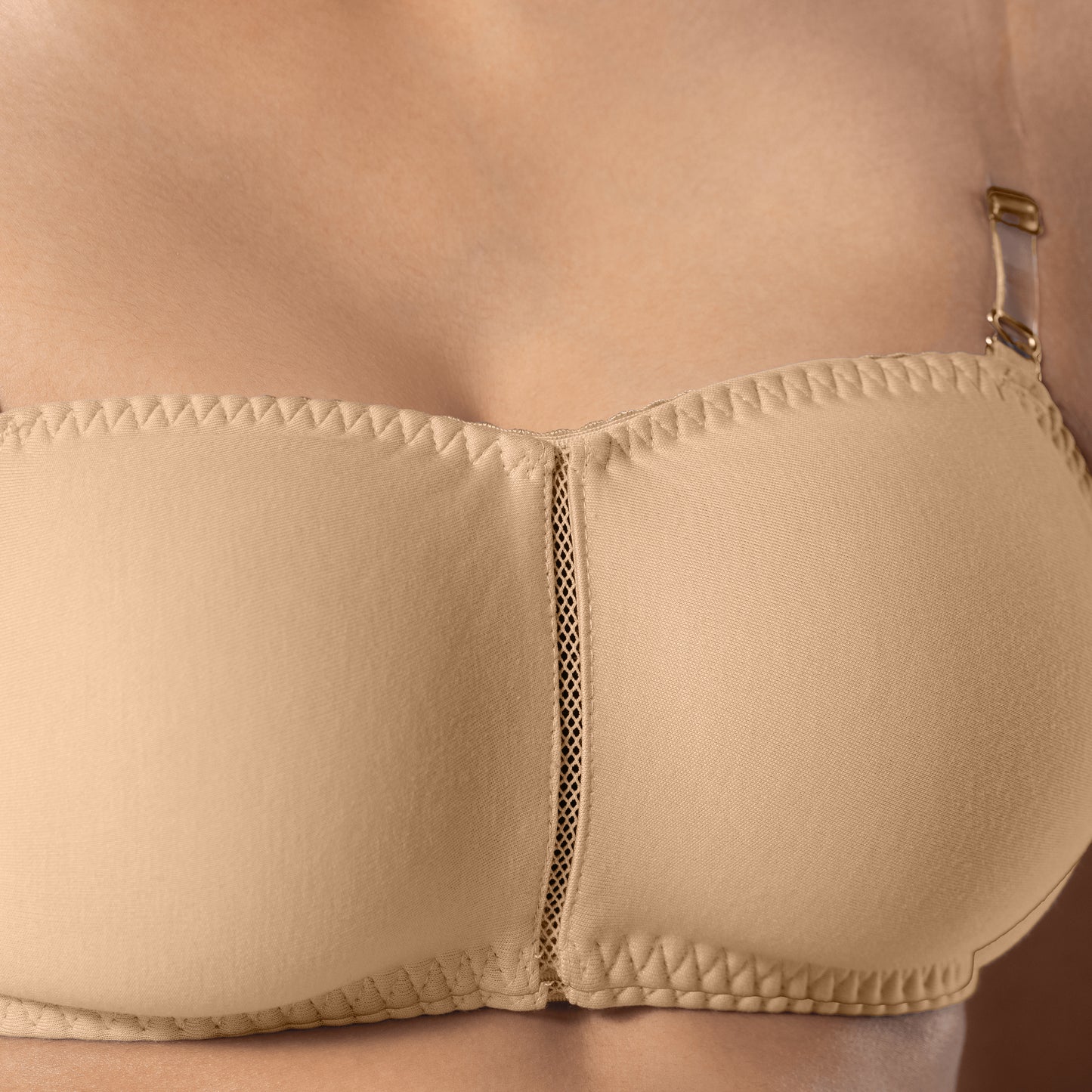 LadyO Jaz Trendy Top Bra in Skin with transparent strap, detailed shot.