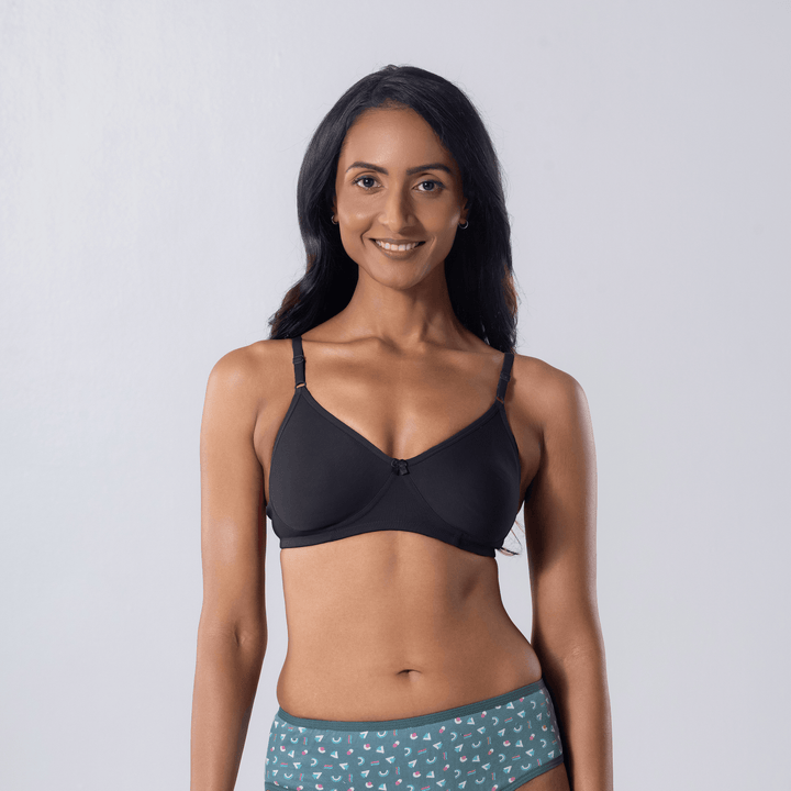 LadyO Zara T-shirt Bra in steel grey with adjustable straps, front view worn by model.